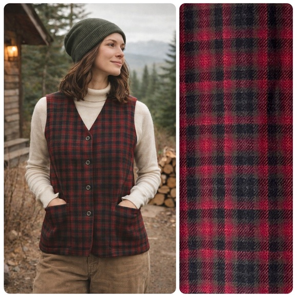 Eddie Bauer Jackets & Blazers - Eddie Bauer 90s Vintage Red Black Green Plaid Wool Vest Fully Lined Size Large